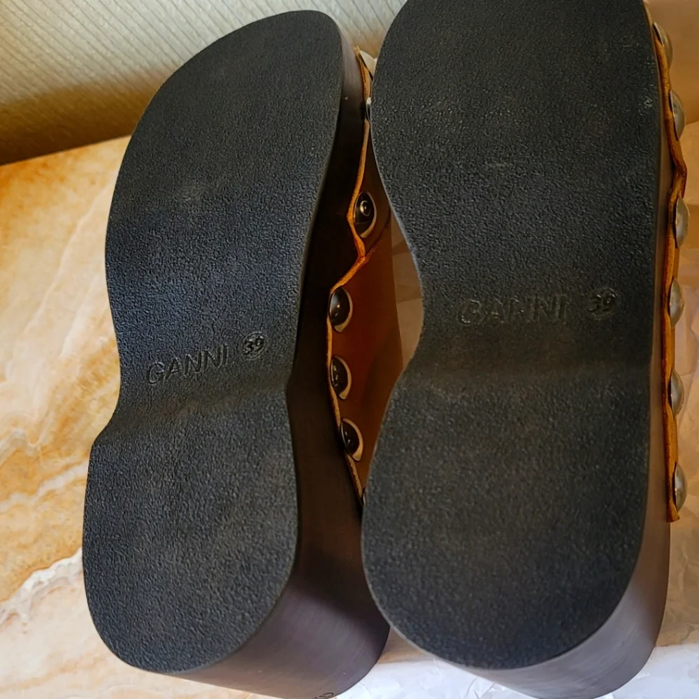 Final Price Ganni Retro Leather Platform Clogs Mules Sandal Tigers Eye MSRP $575 - Picture 17 of 17